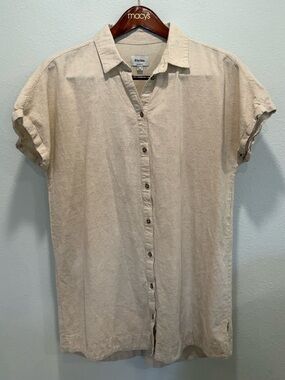 Rhythm. Tan Linen & Cotton Like New Short-Sleeve Button-Down Dress with Pockets